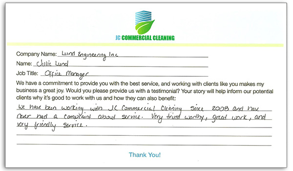 Client Written Testimonial from Lund Engneering